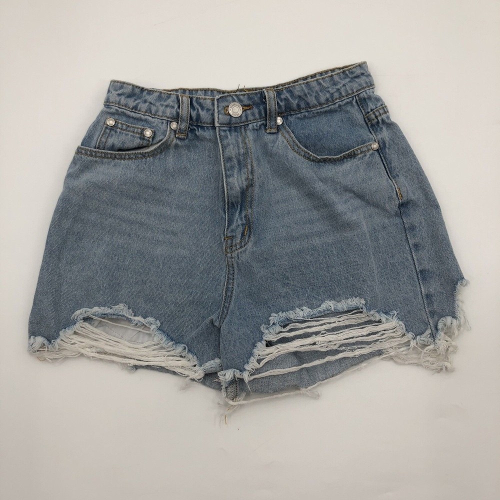 Missguided Denim Shortie Shorts Sz 4 Blue Jeans High Waist Distressed Ripped Hem